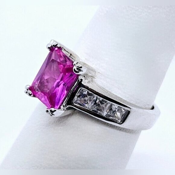 Hot Pink Cubic Zirconia Silver Tone Fashion Ring - Picture 6 of 8